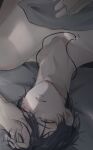  1boy bangs bed bed_sheet from_above highres jewelry looking_at_viewer lyncuu male_focus marius_von_hagen_(tears_of_themis) necklace one_eye_closed open_mouth purple_eyes purple_hair short_hair solo tears_of_themis teeth 