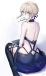  1girl artoria_pendragon_(alter_swimsuit_rider)_(fate) artoria_pendragon_(fate) back bare_back bare_shoulders black_legwear blonde_hair braid eating fate/grand_order fate_(series) food hair_ribbon highres looking_at_viewer looking_back open_mouth popsicle ribbon sii_artatm simple_background sitting solo thighhighs white_background yellow_eyes 