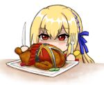  1girl azur_lane blonde_hair blue_ribbon braid commentary english_commentary eyebrows_visible_through_hair food fork holding holding_fork holding_knife japanese_clothes kimono king_george_v_(azur_lane) knife long_hair red_eyes ribbon shinshikikan taihou_(azur_lane) turkey_(food) 