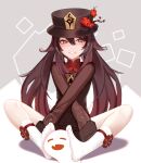  1girl brown_hair coat collared_coat collared_shirt feet flower genshin_impact ghost hat highres hu_tao_(genshin_impact) jewelry long_hair looking_at_viewer md5_mismatch on_floor orange_eyes porkpie_hat red_eyes red_shirt rezodwel self_upload shirt smile socks 