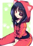  1girl animal_hood bangs between_legs black_eyepatch black_hair cat_hood eyebrows_visible_through_hair eyepatch fang hand_between_legs hood hood_up hoodie long_hair mirai_(senran_kagura) mitsudomoe_(shape) nnmi11 open_mouth pants paw_print pink_eyes red_hoodie red_pants senran_kagura single_vertical_stripe sitting solo tomoe_(symbol) v-shaped_eyebrows 