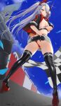  1girl antenna_hair ass azur_lane bikini bikini_top black_legwear blue_sky breasts checkered checkered_flag collar collared_jacket day flag from_behind from_below glint headgear headset high_heels highres jacket large_breasts long_hair looking_at_viewer looking_back microphone microskirt mole mole_on_breast multicolored_hair nanam_(nanam_sk) official_alternate_costume outdoors panties prinz_eugen_(azur_lane) prinz_eugen_(final_lap)_(azur_lane) race_queen racetrack racing red_footwear red_panties sideboob silver_hair skirt sky solo streaked_hair swimsuit thighhighs thong turning_head twintails twisted_torso underboob underwear upskirt white_hair yellow_eyes 