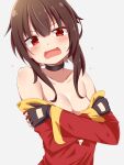  1girl bangs black_choker black_gloves blush breasts brown_hair choker commentary_request dou-t dress fingerless_gloves flying_sweatdrops frown gloves grey_background highres kono_subarashii_sekai_ni_shukufuku_wo! long_dress looking_at_viewer megumin off-shoulder_dress off_shoulder open_mouth partial_commentary red_dress red_eyes short_hair_with_long_locks simple_background small_breasts solo sweatdrop upper_body 