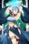  1girl armlet armpits arms_up bangs blue_dress blue_hair bracelet braid choker cloud commentary commission contrapposto crown_braid dancer dancer_(three_houses) dancing day dress earrings fire_emblem fire_emblem:_three_houses fire_emblem_heroes hair_bun hip_vent jewelry lindaroze looking_at_viewer marianne_von_edmund official_alternate_costume pelvic_curtain single-shoulder_dress smile solo standing thighlet tree yellow_eyes 