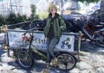  1girl bicycle blonde_hair car city day denim ground_vehicle hands_in_pockets jacket jeans looking_away motor_vehicle original pants sakeharasu scenery shadow short_hair sign solo standing 