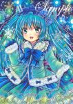  1girl :d beamed_sixteenth_notes blue_background blue_bow blue_bowtie blue_coat blue_eyes blue_gloves blue_hair blue_hairband blue_skirt blue_theme bow bowtie capelet coat cowboy_shot eighth_note eyebrows_visible_through_hair frilled_hairband frilled_skirt frills fur-trimmed_capelet fur-trimmed_sleeves fur_trim gloves glowing hairband hatsune_miku long_hair looking_at_viewer marker_(medium) musical_note open_mouth quarter_note rui_(sugar3) sample skirt smile snowflakes solo traditional_media very_long_hair vocaloid winter_clothes winter_coat yuki_miku yuki_miku_(2012) 