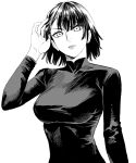  1girl bangs black_dress commentary dress english_commentary fubuki_(one-punch_man) greyscale highres long_sleeves m0biuzz monochrome one-punch_man short_hair solo white_background 