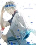  ^_^ blue_flower closed_eyes feiqiuxuan flower from_side gintama hand_up happy_birthday head_wreath highres japanese_clothes kagura_(gintama) out_of_frame petals sakata_gintoki shimura_shinpachi simple_background smile solo_focus sword weapon wooden_sword 