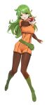  1girl ace_trainer_(pokemon) bangs bodysuit bodysuit_under_clothes boots breasts brown_bodysuit commentary covered_navel eyebrows_visible_through_hair fanny_pack fingerless_gloves full_body gloves green_eyes green_footwear green_hair hand_up highres holding holding_poke_ball knee_boots long_hair long_sleeves looking_at_viewer medium_breasts open_mouth poke_ball pokemon pokemon_(game) pokemon_dppt shiny shiny_hair simple_background skin_tight solo white_background yd_(orange_maru) 