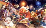  animal_ears bell chinese_commentary commentary_request ebisu_(onmyoji) fireworks greetload highres inugami_(onmyoji) lantern lantern_on_liquid mouba_(onmyoji) night night_sky official_art onmyoji open_mouth paper_lantern red_eyes sky tail white_hair yamausagi youko_(onmyoji) yuki_onna_(onmyoji) 