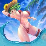  1girl abs arm_garter arm_up armpits beach bikini bouncing_breasts breasts commentary_request day flower green_hair hat hat_flower highres huge_breasts in_water kazami_yuuka looking_at_viewer motion_blur muscular muscular_female navel ocean outdoors palm_leaf plaid plaid_bikini puck100ml red_bikini red_eyes short_hair solo straw_hat sunflower swimsuit thick_thighs thigh_strap thighs touhou unaligned_breasts untied untied_bikini wardrobe_malfunction water wavy_hair 