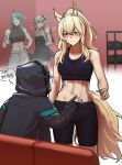  +++ 1other 3girls =_= abs absurdres animal_ear_fluff animal_ears arknights bangs bare_shoulders bike_shorts black_jacket black_shorts black_sports_bra blonde_hair blush breasts collarbone commentary_request doctor_(arknights) dumbbell flying_sweatdrops green_hair grey_pants gwangvt hand_on_hip highres hood hooded_jacket horns hoshiguma_(arknights) jacket korean_commentary korean_text long_hair medium_breasts midriff multiple_girls navel nearl_(arknights) pants poking ponytail saria_(arknights) shorts single_horn speech_bubble sports_bra standing stomach sweat sweatpants tail thumbs_up triangle_mouth yellow_eyes 