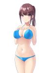  1girl absurdres bangs bare_legs bikini blue_bikini blunt_bangs blush breasts brown_hair cleavage closed_mouth collarbone covered_nipples cowboy_shot eyebrows_visible_through_hair hands_on_own_chest highres large_breasts long_hair looking_at_viewer marui_koishi navel original ponytail purple_eyes sidelocks simple_background smile smug solo standing stomach swimsuit v-shaped_eyebrows white_background 