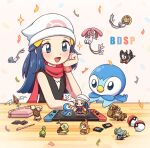  1girl :d azelf beanie bidoof black_shirt blush budew buneary chimchar commentary_request confetti dawn_(pokemon) game_cartridge hair_ornament hairclip handheld_game_console hat highres kino_(jewell_chang) long_hair mesprit minimized nintendo_ds nintendo_switch open_mouth piplup pokemon pokemon_(creature) pokemon_(game) pokemon_bdsp red_scarf rotom rotom_(normal) scarf shinx shirt sleeveless sleeveless_shirt smile stylus table tongue turtwig uxie white_headwear wrench 