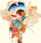  1girl animal_on_head animal_print aqua_kimono artist_name bangs bird bird_hair_ornament bird_on_head brown_hair butterfly_print butterfly_wings cherry_blossoms closed_eyes cup drinking feet_out_of_frame floral_print flower furisode gradient_kimono hair_flower hair_ornament hair_tassel highres holding holding_cup japanese_clothes kanzashi karin_(salmonosushi) kimono long_sleeves making-of_available marker_(medium) multicolored_clothes multicolored_kimono obi obijime on_head orange_flower original pink_flower pink_rose print_kimono red_ribbon ribbon rose sakazuki sash short_hair signature solo standing tassel traditional_media white_background white_flower wide_sleeves wings yellow_flower yellow_ribbon yellow_sash 