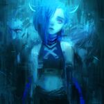  1girl alex_chow bangs bare_shoulders braid brown_shirt closed_mouth cowboy_shot crop_top fake_horns gradient gradient_background green_background hair_over_one_eye horns jinx_(league_of_legends) league_of_legends long_hair looking_at_viewer navel pants shirt signature stomach twin_braids twintails 