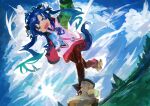  1girl absurdres animal_ears aqua_hair bangs blue_eyes blue_hair cloud dutch_angle ear_covers gradient_hair hair_ribbon heterochromia highres hood hoodie horse_ears horse_girl horse_tail kaamin_(mariarose753) long_hair multicolored_clothes multicolored_hair multicolored_hoodie open_mouth outdoors pantyhose purple_eyes ribbon sharp_teeth shoes sky smile solo stuffed_animal stuffed_bunny stuffed_toy tail teeth twin_turbo_(umamusume) twintails umamusume yellow_footwear 