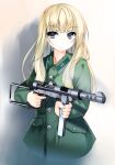  1girl angry bangs blonde_hair blunt_bangs buttons carl_gustaf_m/45 closed_mouth coat collar eyebrows_visible_through_hair finger_on_trigger green_coat grey_eyes gun holding holding_weapon insignia long_hair looking_at_viewer military military_uniform original pocket samazuka_mashiro shadow simple_background solo submachine_gun swedish_uniform uniform weapon 