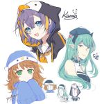  3girls :3 =_= amicia_michella amicia_michella_(artist) animal_hood artist_name bangs beret black_collar blonde_hair blue_headwear blue_sweater blush brown_hair chibi collar demon_horns english_commentary frown green_hair hair_behind_ear hat heart hood horns karon_(vtuber) karon_(vtuber)_(artist) karon_official long_face multicolored_hair multiple_girls nijisanji nijisanji_en nijisanji_id open_mouth penguin_hood petra_gurin petra_gurin_(artist) purple_hair sleeves_past_fingers sleeves_past_wrists smile streaked_hair sweater tearing_up twintails virtual_youtuber virtuareal white_background yellow_eyes 