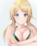  1girl bangs bikini blonde_hair blue_eyes breasts cleavage collarbone commentary_request crossed_arms eyebrows_visible_through_hair floating_hair grey_background hachimiya_meguru halterneck highres idolmaster idolmaster_shiny_colors large_breasts long_hair looking_at_viewer low_twintails nannacy7 parted_bangs parted_lips shiny shiny_hair sideboob simple_background sketch solo swimsuit twintails upper_body yellow_bikini 