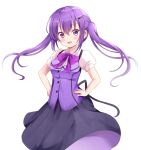  1girl :d bangs black_skirt blush bow bowtie collared_shirt dress_shirt eyebrows_visible_through_hair floating_hair gochuumon_wa_usagi_desu_ka? hair_between_eyes hair_ornament hairclip hands_on_hips long_hair looking_at_viewer medium_skirt purple_bow purple_bowtie purple_eyes purple_hair purple_vest rabbit_house_uniform rikopin shiny shiny_hair shirt short_sleeves simple_background skirt smile solo standing tedeza_rize twintails very_long_hair vest white_background white_shirt wing_collar 