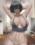  1girl alternate_costume black_hair breasts fubuki_(one-punch_man) green_eyes highres large_breasts one-punch_man sauvagex short_hair solo 
