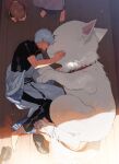  barefoot dog drunk from_above gintama highres indoors japanese_clothes kagura_(gintama) lying male_focus on_side out_of_frame sadaharu sakata_gintoki sennen_suisei shimura_shinpachi short_sleeves white_hair 