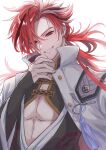  1boy absurdres earrings fate/grand_order fate_(series) grin highres holding japanese_clothes jewelry long_hair looking_at_viewer male_focus mmgmde multicolored_hair red_eyes red_hair simple_background smile solo streaked_hair takasugi_shinsaku_(fate) tassel two-tone_hair upper_body white_background white_hair 
