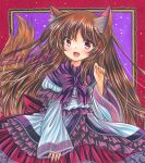  1girl :d adapted_costume animal_ear_fluff animal_ears bow bowtie brown_hair brown_tail buttons cape cowboy_shot eyebrows_visible_through_hair fang floral_print frilled_shirt frills imaizumi_kagerou long_sleeves looking_at_viewer marker_(medium) open_mouth pink_nails purple_background purple_bow purple_bowtie purple_cape red_eyes red_skirt rui_(sugar3) sample shirt skin_fang skirt smile solo tail touhou traditional_media white_shirt wide_sleeves wolf_ears wolf_tail 