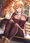  1girl animal arm_behind_back autumn autumn_leaves bangs bench black_legwear blurry blurry_background blush boots breasts brown_footwear brown_legwear building bunny buttons closed_mouth commentary_request day depth_of_field dutch_angle eyebrows_visible_through_hair flower from_below gochuumon_wa_usagi_desu_ka? hair_between_eyes hair_flower hair_ornament hairclip hand_on_own_leg head_tilt highres hoto_cocoa jacket lapel large_breasts leaf legs legs_together light_particles light_rays long_sleeves looking_at_viewer medium_hair miniskirt older on_bench orange_hair outdoors panties panties_under_pantyhose panty_peek pantyhose plaid plaid_jacket pleated_skirt pocket purple_eyes red_jacket ribbed_sweater sitting skirt smile solo sweater turtleneck turtleneck_sweater underwear white_sweater window xephyrks 