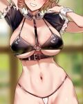  1girl :d arms_up belt_buckle between_breasts bikini black_bikini blonde_hair blurry blurry_background blush breasts buckle cleavage commentary depth_of_field detached_sleeves foxyreine frilled_sleeves frills grin head_out_of_frame large_breasts micro_bikini mismatched_bikini navel neck_garter o-ring original parted_lips partially_visible_vulva puffy_short_sleeves puffy_sleeves short_hair short_sleeves smile solo stomach swimsuit thong_bikini toned underboob underbust upper_body white_bikini 