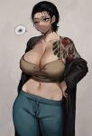  1girl black_hair black_robe blue_pants breasts brown_tank_top cleavage closed_mouth collarbone highres large_breasts midriff mole mole_on_breast mole_under_eye mole_under_mouth navel off_shoulder one_eye_closed original pants ricebug_1821 short_hair shoulder_tattoo single_bare_shoulder standing sweatdrop tank_top tattoo 