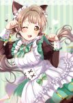  1girl :3 :d ;d absurdres animal_ear_fluff animal_ears apron arms_up bow bowtie brown_hair cat_ears commentary dress extra_ears eyebrows_visible_through_hair frilled_dress frills green_background green_bow green_bowtie hair_ornament heart highres long_hair long_sleeves love_live! love_live!_school_idol_project maid maid_headdress minami_kotori one_eye_closed paw_pose puffy_sleeves ranemu smile solo striped striped_background wrist_cuffs x_hair_ornament yellow_eyes 