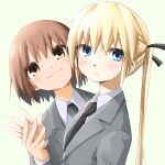  2girls black_necktie black_ribbon blonde_hair blue_eyes blush brown_eyes brown_hair closed_mouth eyebrows_visible_through_hair hair_ribbon highres kill_me_baby long_hair long_sleeves looking_at_viewer multiple_girls necktie oribe_yasuna ribbon school_uniform short_hair smile sonya_(kill_me_baby) twintails yachima_tana 