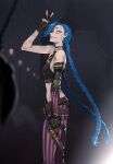  1girl absurdres arcane:_league_of_legends arm_tattoo biting blue_hair braid crop_top error fingerless_gloves fog gloves gun handgun highres horizontal_stripes jinx_(league_of_legends) league_of_legends lip_biting looking_at_viewer night pants ratatatat74 solo standing striped striped_pants tattoo twin_braids twintails weapon 