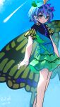  1girl absurdres antennae asuku_(69-1-31) barefoot blue_hair brown_eyes butterfly_wings commentary dress eternity_larva green_dress hair_ornament highres leaf leaf_hair_ornament leaf_on_head multicolored_clothes multicolored_dress outdoors short_hair short_sleeves single_strap touhou wings yellow_wings 