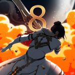  1girl absurdres avatar_(ffxiv) black_hair explosion final_fantasy final_fantasy_xiv gloves gunblade gunbreaker_(final_fantasy) hair_bun hesart highres hyur shell_casing short_hair solo weapon white_gloves 