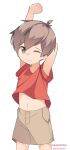 1boy arakokra arm_up brown_shorts child english_commentary highres looking_at_viewer male_focus midriff_peek navel one_eye_closed original red_shirt shirt shorts simple_background solo white_background 