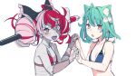  2girls ahoge animal_ears bandages bikini blue_bikini bow brown_eyes cat_ears double_bun fangs flat_chest green_eyes green_hair grey_hair hair_bobbles hair_bow hair_ornament heterochromia highres holding_hands hololive hololive_indonesia interlocked_fingers kureiji_ollie mismatched_pupils multicolored_hair multiple_girls open_mouth patchwork_skin raised_eyebrows red_bikini red_hair smile stitched_face swimsuit sword_in_head tenbin_gashira unfinished uruha_rushia virtual_youtuber yellow_eyes zombie 