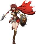  1girl :d arrow_(projectile) bandaged_arm bandages bangs black_panties boobplate breasts brown_eyes brown_hair cape cleavage flare_(langrisser) full_body hair_between_eyes highres holding holding_polearm holding_shield holding_weapon langrisser langrisser_iii large_breasts leg_tattoo looking_at_viewer midriff miniskirt navel official_art panties polearm red_cape red_skirt shield shiny shiny_hair shiny_skin short_hair skirt smile solo standing standing_on_one_leg stomach tattoo thigh_gap thigh_strap toeless_legwear torn_cape torn_clothes transparent_background underwear weapon 