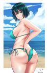  1girl absurdres alternate_costume artist_name ass bangs beach bikini border breasts dark_green_hair day from_behind fubuki_(one-punch_man) green_eyes highres looking_at_viewer looking_back one-punch_man outdoors parted_lips short_hair smile solo standing swimsuit triagorodri white_border 