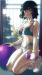  absurdres alternate_costume ball bangs breasts cleavage cloudy_rain4 commentary_request dark_green_hair dumbbell exercise_ball fubuki_(one-punch_man) highres large_breasts one-punch_man short_hair 
