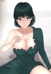  1girl artist_name black_hair breasts commentary english_commentary fubuki_(one-punch_man) green_eyes green_hair highres huge_breasts one-punch_man oredama short_hair solo 