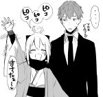  ... 1boy 1girl :d ^_^ ^o^ ahoge ahoge_wag blush closed_eyes commentary expressive_hair eyebrows_visible_through_hair fate/grand_order fate_(series) formal greyscale haori iriehana japanese_clothes kimono koha-ace looking_at_another monochrome necktie obi okita_souji_(fate) okita_souji_(koha/ace) outstretched_arm saitou_hajime_(fate) sash scarf simple_background smile speech_bubble spoken_ellipsis suit sweatdrop translated upper_body white_background 