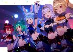  5girls :d ;d animal_ear_fluff animal_ears arm_up armpits ascot bangs blonde_hair blue_ascot blue_hair braid breasts carrot_hair_ornament closed_eyes commentary_request confetti detached_sleeves double_bun elbow_gloves eyebrows_visible_through_hair flat_chest food-themed_hair_ornament gloves green_hair hair_between_eyes hair_ornament hat highres hololive hololive_fantasy houshou_marine large_breasts long_hair long_sleeves looking_away medium_breasts mini_hat multicolored_hair multiple_girls navel one_eye_closed orange_ascot pointy_ears ponytail rabbit_ears red_ascot red_eyes red_hair shiranui_flare shirogane_noel short_eyebrows short_hair signature simple_background skirt small_breasts smile stomach striped sweat teeth thick_eyebrows tiara twin_braids twintails two-tone_hair upper_teeth uruha_rushia usada_pekora virtual_youtuber white_gloves white_hair white_skirt wrist_cuffs zenshin 