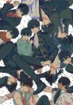  bangs black_hair black_pants black_shirt confetti expressionless gintama hanatarou highres hijikata_toushirou long_hair male_focus multiple_boys multiple_persona pants parted_bangs ponytail scarf shirt short_hair torn_clothes torn_sleeves 