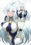  1girl 86_-eightysix- antenna_hair bangs bodysuit breasts commentary covering covering_crotch embarrassed highres impossible_clothes kagura_kurosaki large_breasts long_hair looking_at_viewer open_mouth sidelocks simple_background solo vladilena_millize white_eyes white_hair 