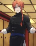  1boy ahoge bangs blood blood_on_face blood_on_hands blue_eyes braid chinese_clothes gintama hands_up indoors kamui_(gintama) long_hair male_focus orange_hair parted_bangs sliding_doors smile solo tofu_(bean359) 