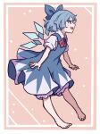  1girl absurdres bad_feet bangs barefoot blue_bow blue_dress blue_eyes blue_hair bow cirno collared_shirt commentary dress flat_chest hair_bow highres ice ice_wings kame_(kamepan44231) long_dress neck_ribbon pinafore_dress puffy_short_sleeves puffy_sleeves red_neckwear ribbon shirt short_hair short_sleeves smile solo touhou white_shirt wings 