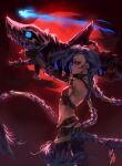  1girl absurdres arcane:_league_of_legends artist_name bangs bare_shoulders belt blue_hair braid breasts brown_belt brown_gloves cloud coconuthound crop_top fingerless_gloves from_side gloves glowing glowing_eye highres jinx_(league_of_legends) league_of_legends long_hair moon pants red_background red_moon red_sky rocket_launcher sharp_teeth sky small_breasts solo striped striped_pants tears teeth twin_braids very_long_hair weapon 